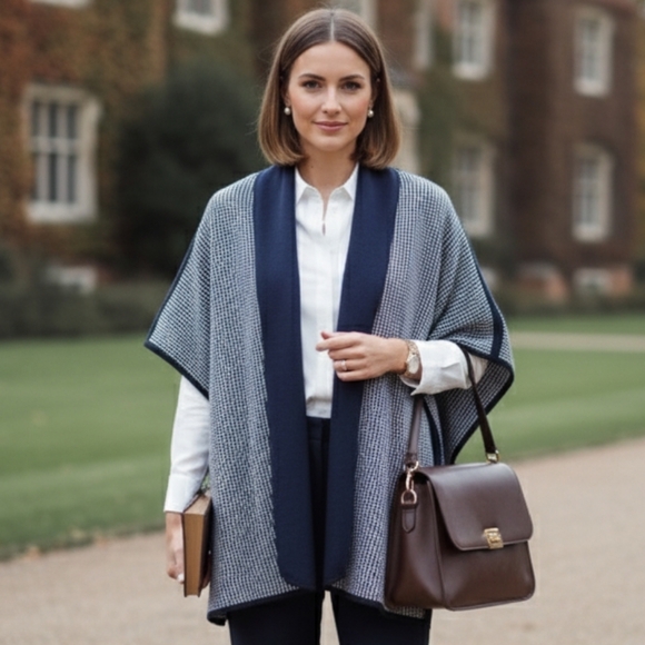 NWT BYLYSE M/L Old Money Timeless Preppy Ivy League Houndstooth Knit Poncho - Picture 2 of 13